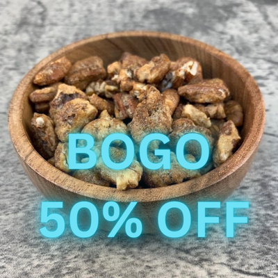 Wooden bowl filled with snacks on a gray surface, with 'BOGO 50% OFF' text overlay.