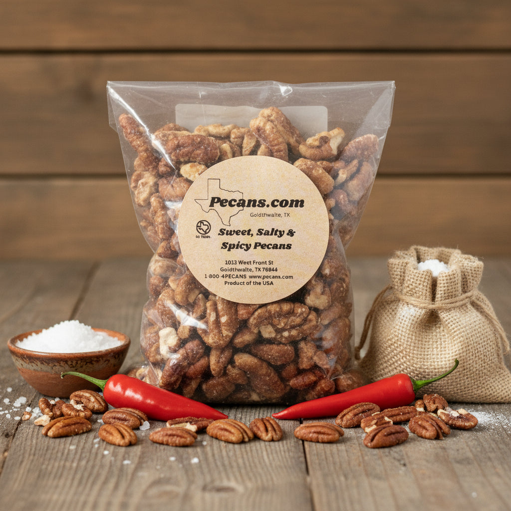 Bag of Sweet, Salty & Spicy Pecans with a 'Pecans.com' label on a wooden surface with pecans and red peppers.