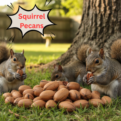 Squirrels gathered around a pile of pecans with a tree in the background.