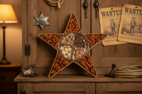 Pecan Star Basket with raw pecans and a candied pecan sampler, milk and white chocolate, praline & butter toffee pecans in a wicker basket