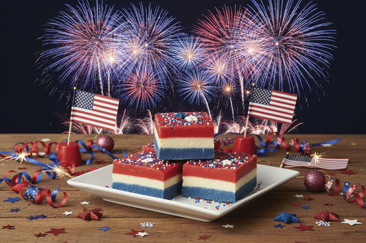 Layered fudge with red, white, and blue colors on a plate.