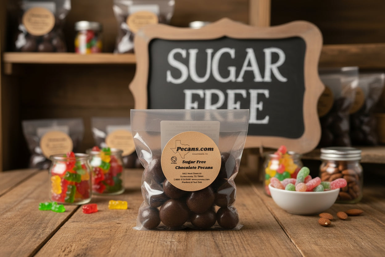 Bag of sugar free chocolate pecans with a 'Pecans.com' label 