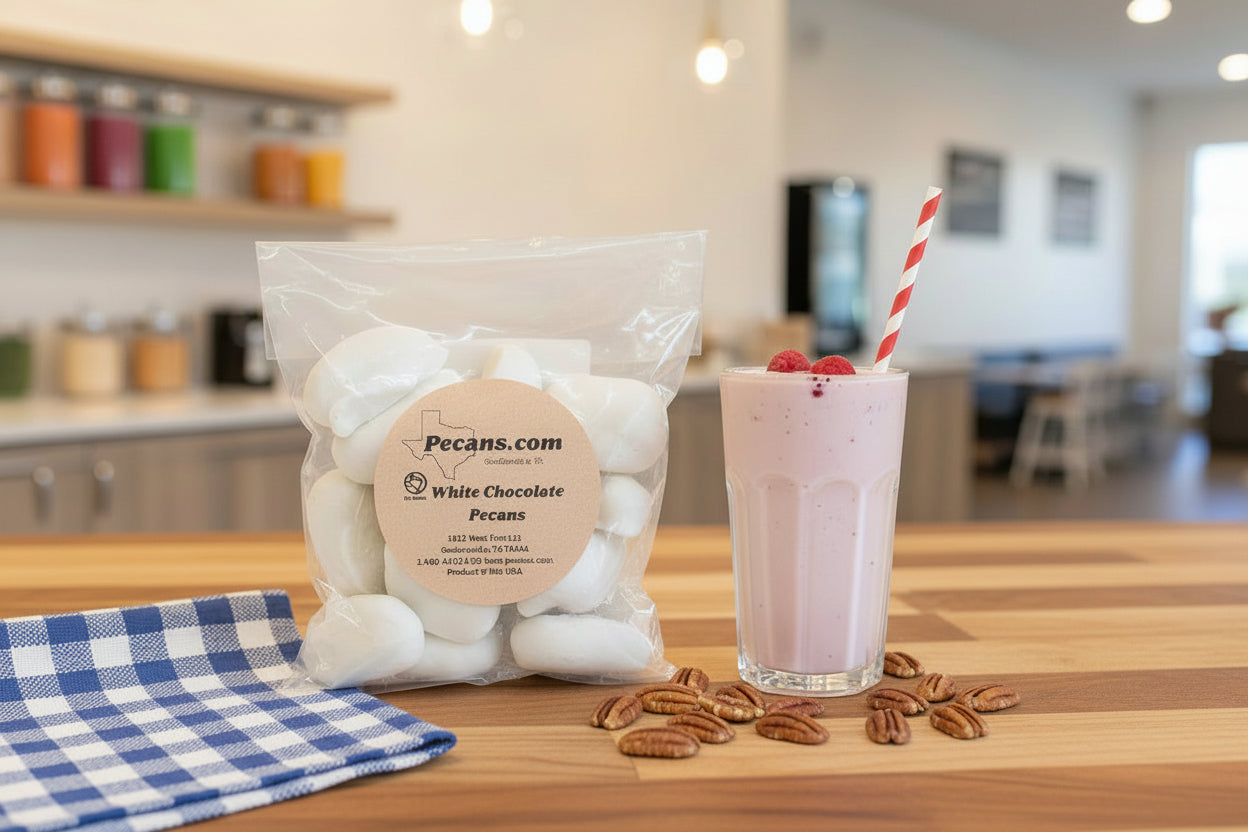 Glass of milkshake with a straw, bag of white chocolate pecans, and scattered pecans on a wooden table.