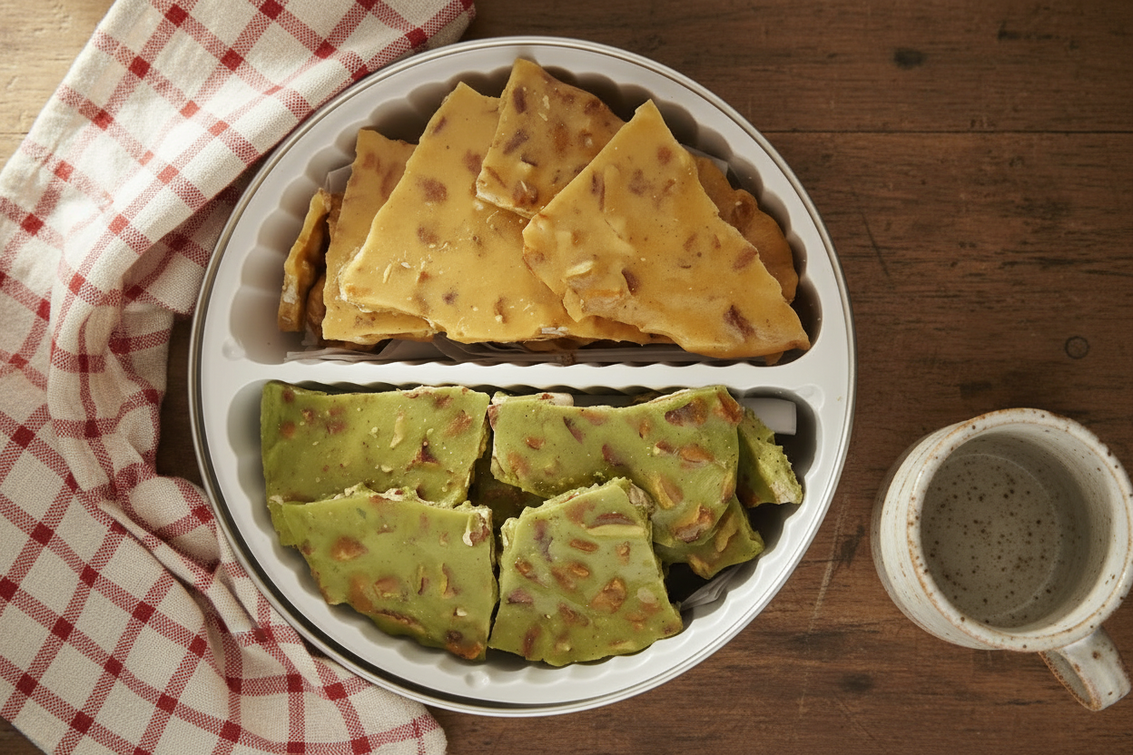 Assorted brittle cookies in a divided dish on a white background
