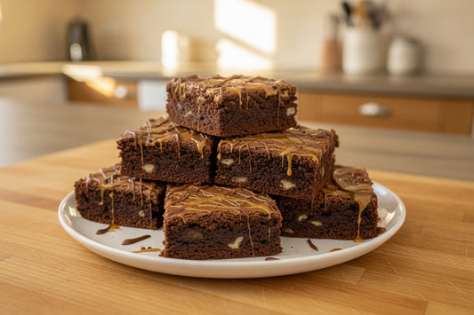 Caramel Pecan Brownies sheet cake, single serve or bite sized, chewy, chocolatey and divine.