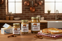 Three jars of Pecans.com Cinnamon Honey Butter, 4oz, 11oz, or 16oz. Great on sweet potatos or toast.