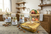 Peach Pecan Honey Butter, great taste of peaches in a pecan butter spread. 4oz, 11oz, or 16oz jars.