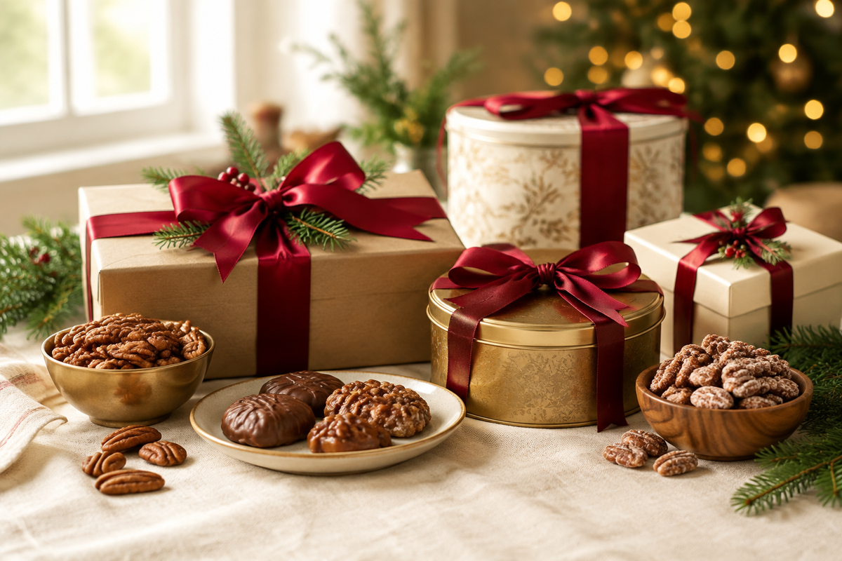 Holiday pecan gifts in keepsake tins