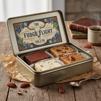A premium gift tin with 4 assorted handcrafted Texas fudge flavors