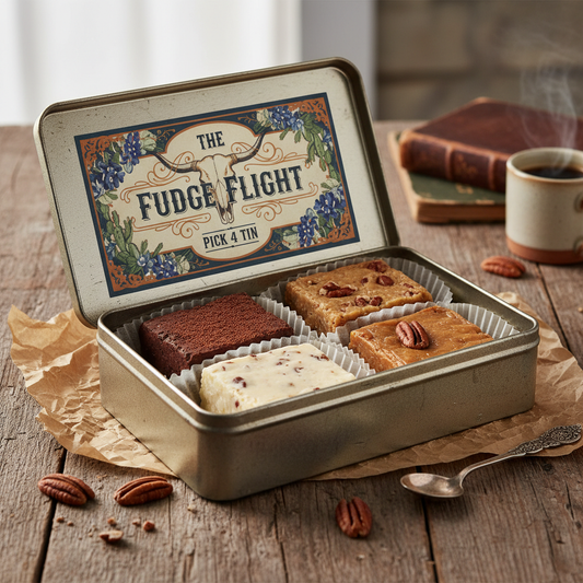 A premium gift tin with 4 assorted handcrafted Texas fudge flavors