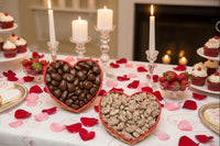 Pecan Heart wicker basket, milk chocolate or praline frosted pecans
