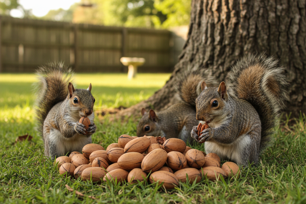 Three squirrels gathered around a pile of pecans near a tree.  Squirrel Pecans for your furry friends.