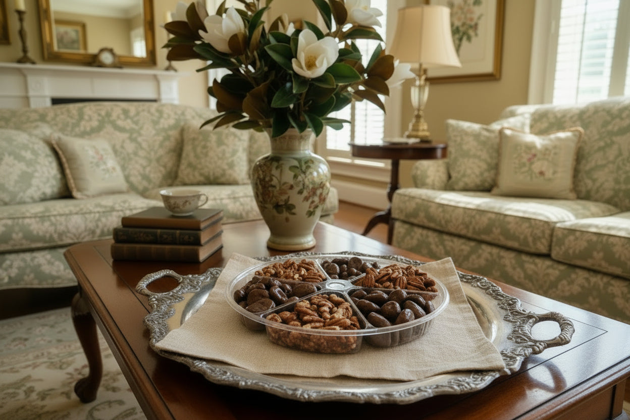 Splenda sweetened Pecan Samplers, Splenda Cinnamon and praline pecans, sugar free chocolate pecans, and dry roasted pecans.