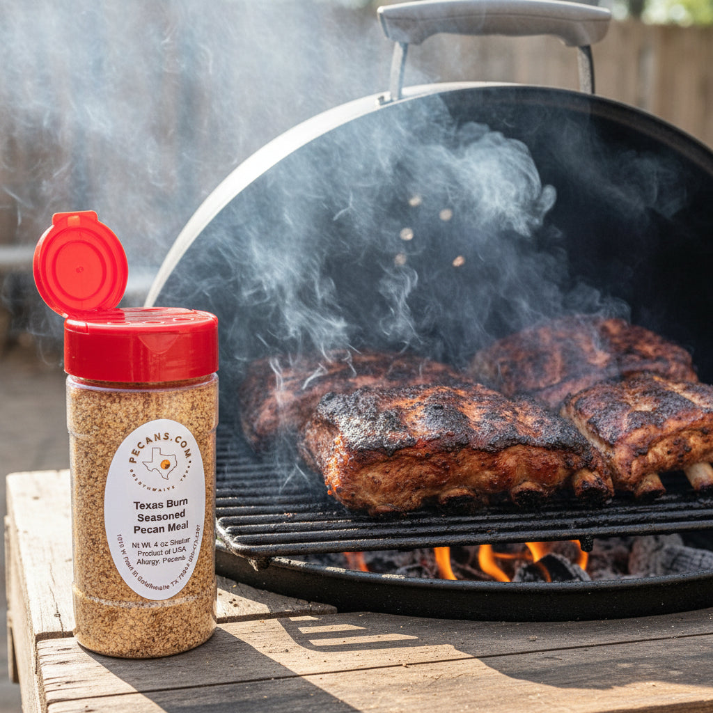 Texas Burn Pecan Meal made with Kenny's Texas Burn Seasoning. Sweet heat on ribs.