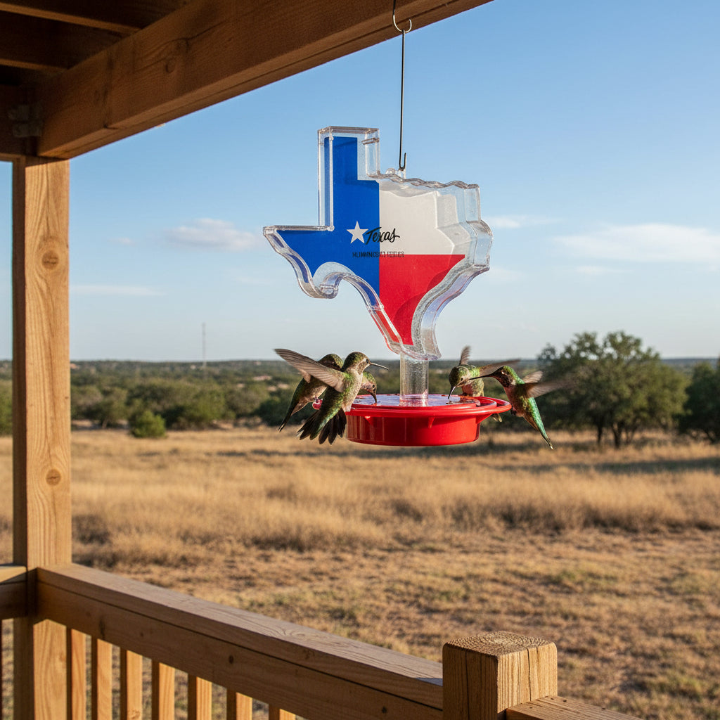 22oz Texas-shaped hummingbird feeder with hummingbirds on a wooden deck overlooking a field.
