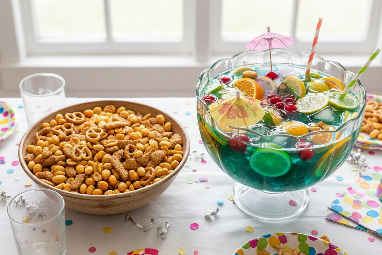 Assorted snack mix including pretzels, peanuts, and other coated snacks on a white background, Trash Mix will curb your hunger